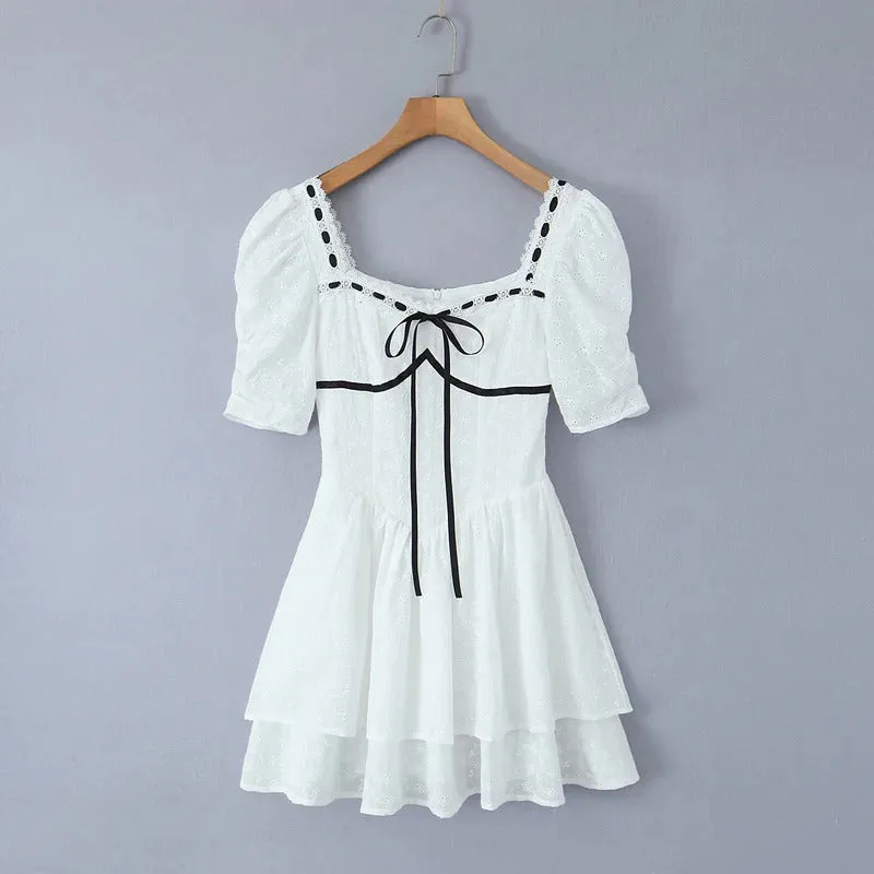 2024 Spliced Lace Embroidery Hollow Out Hole Flower Corset style Mini Dress Women Short Puff Sleeve Party Skater A-line Hem Robe