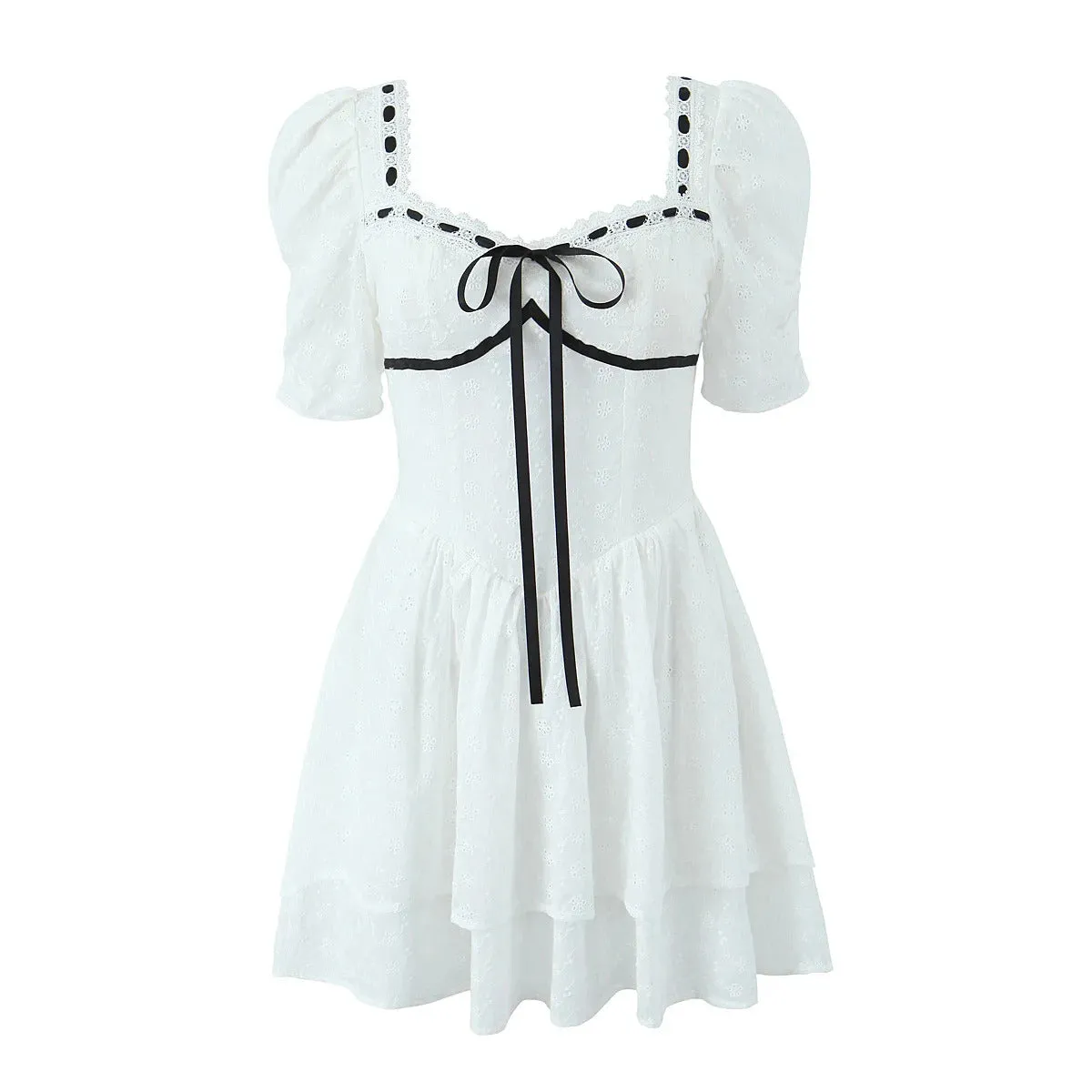 2024 Spliced Lace Embroidery Hollow Out Hole Flower Corset style Mini Dress Women Short Puff Sleeve Party Skater A-line Hem Robe