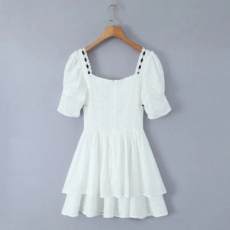 2024 Spliced Lace Embroidery Hollow Out Hole Flower Corset style Mini Dress Women Short Puff Sleeve Party Skater A-line Hem Robe