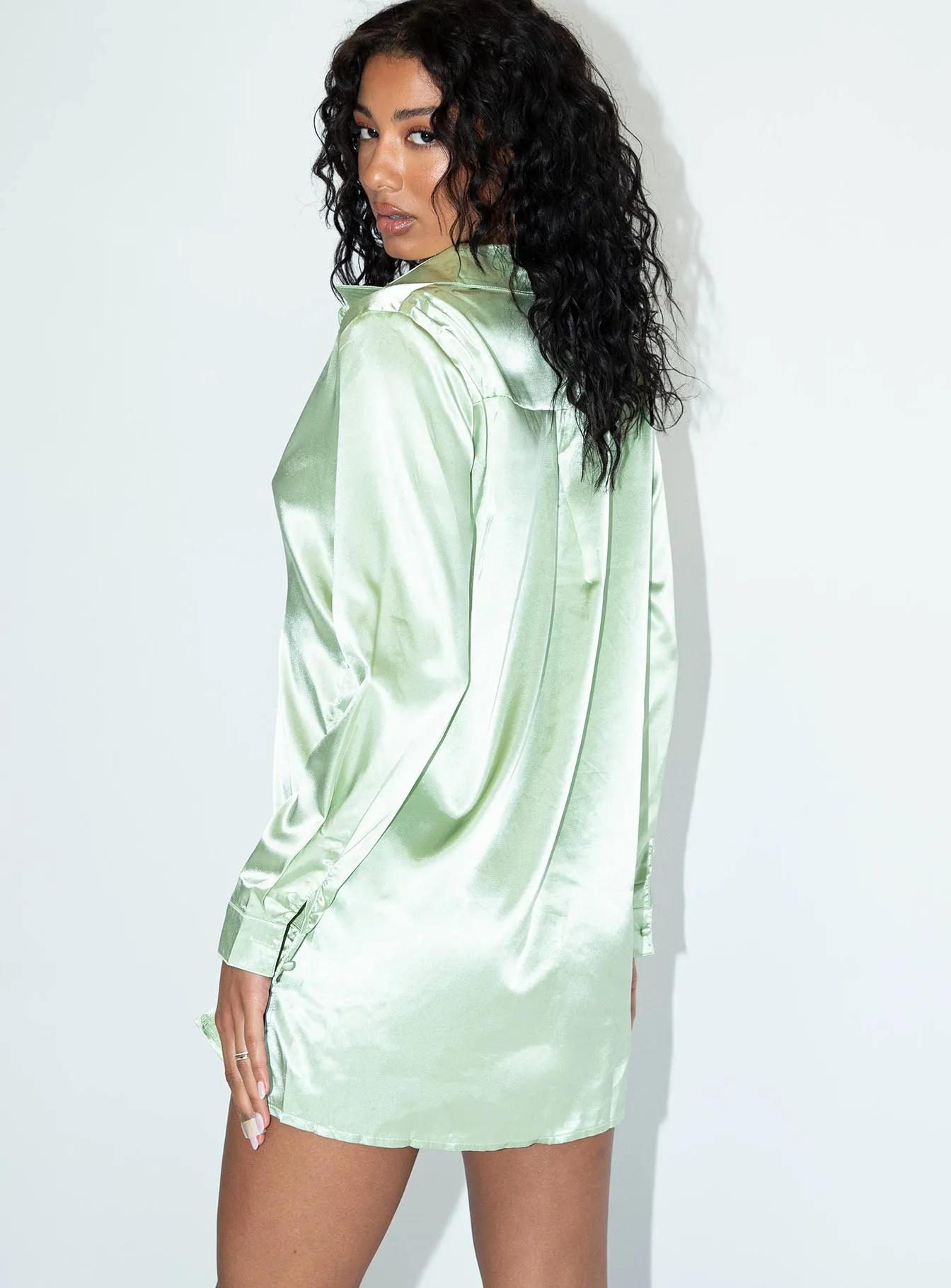 90210 Satin Shirt Mini Dress Sage