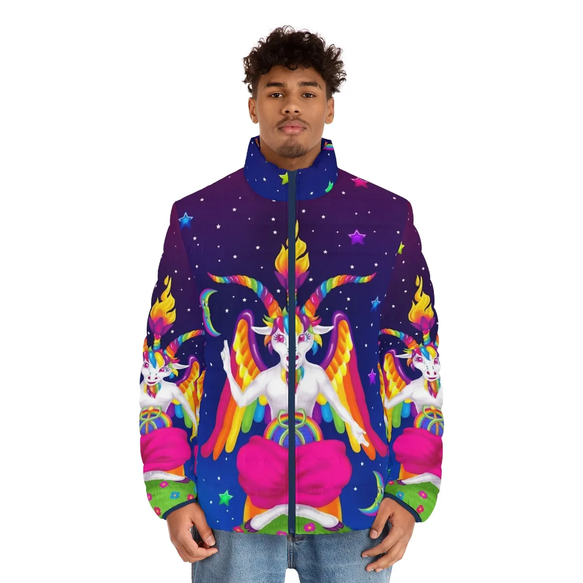 90s Neon Puffer Jacket with Baphomet Occult Design