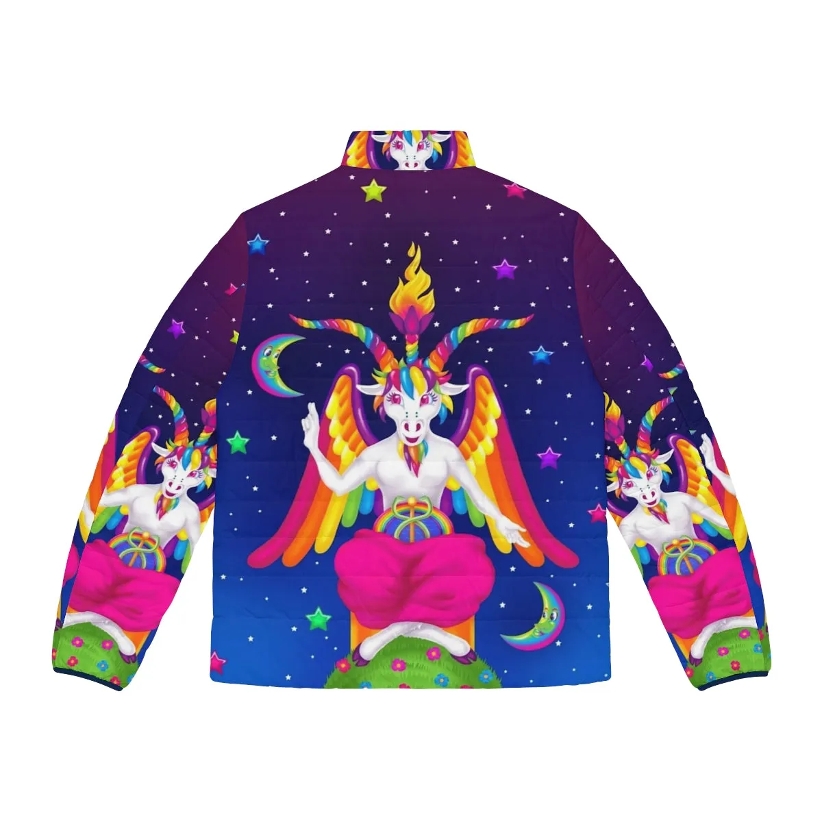 90s Neon Puffer Jacket with Baphomet Occult Design