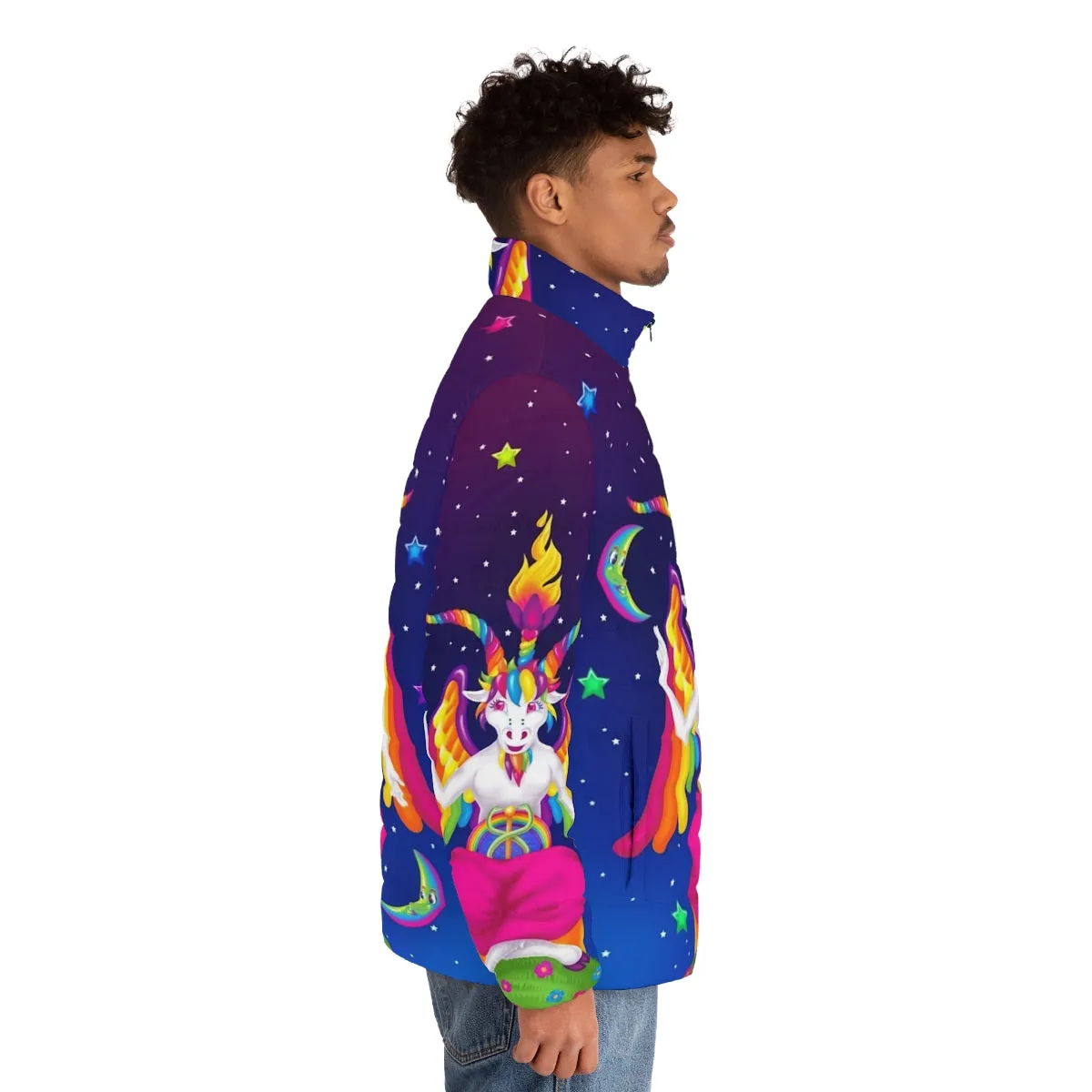 90s Neon Puffer Jacket with Baphomet Occult Design