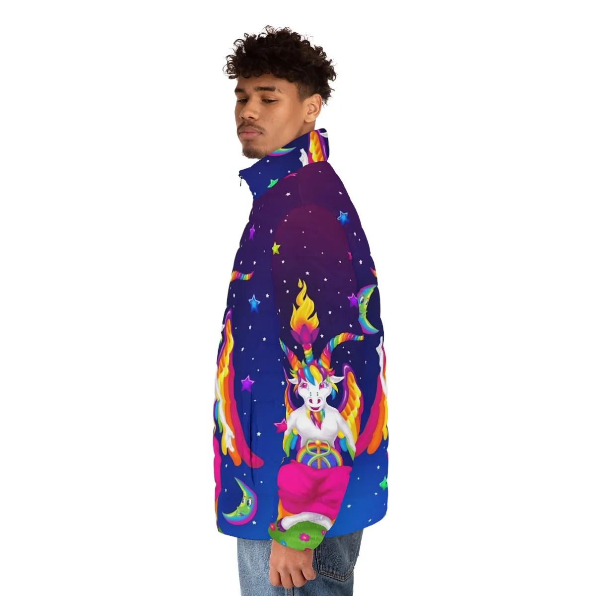90s Neon Puffer Jacket with Baphomet Occult Design