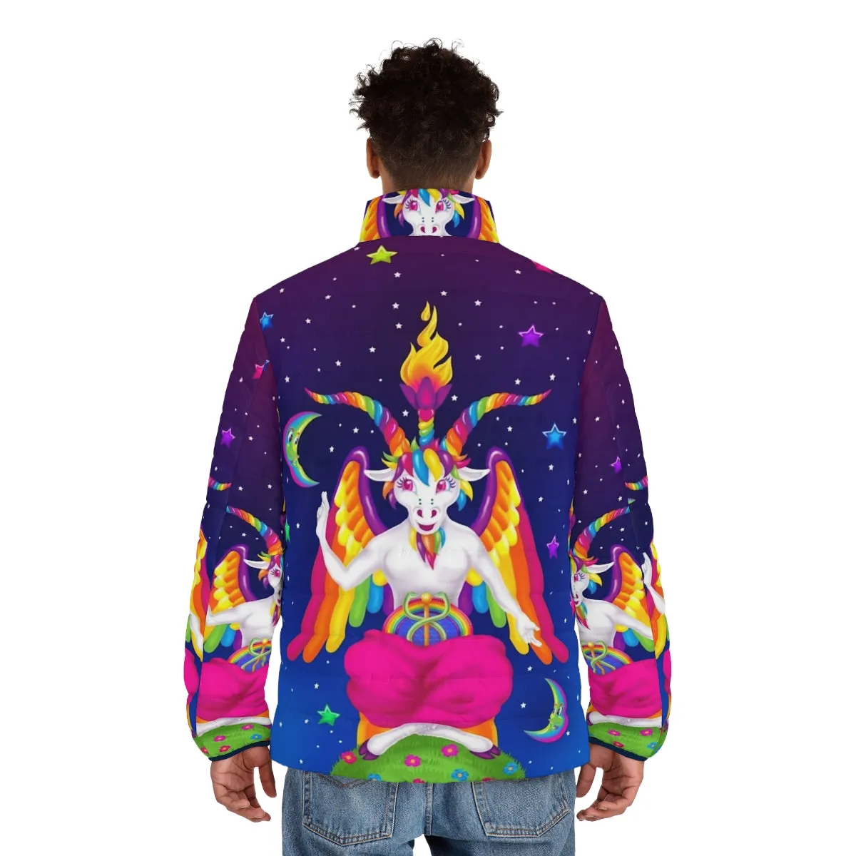 90s Neon Puffer Jacket with Baphomet Occult Design