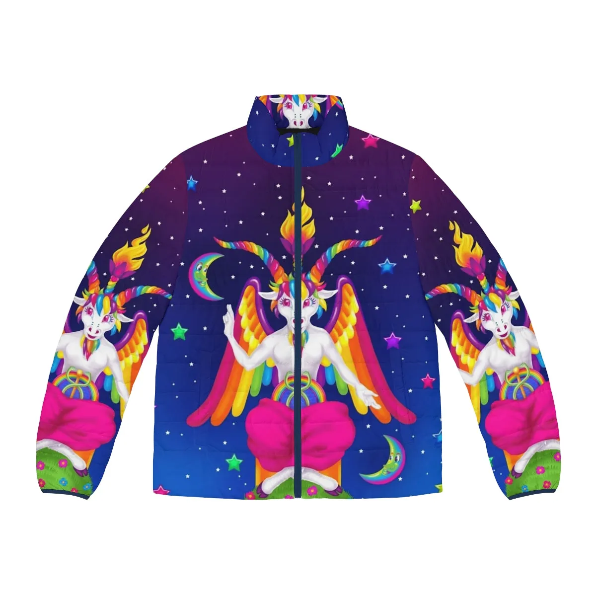 90s Neon Puffer Jacket with Baphomet Occult Design