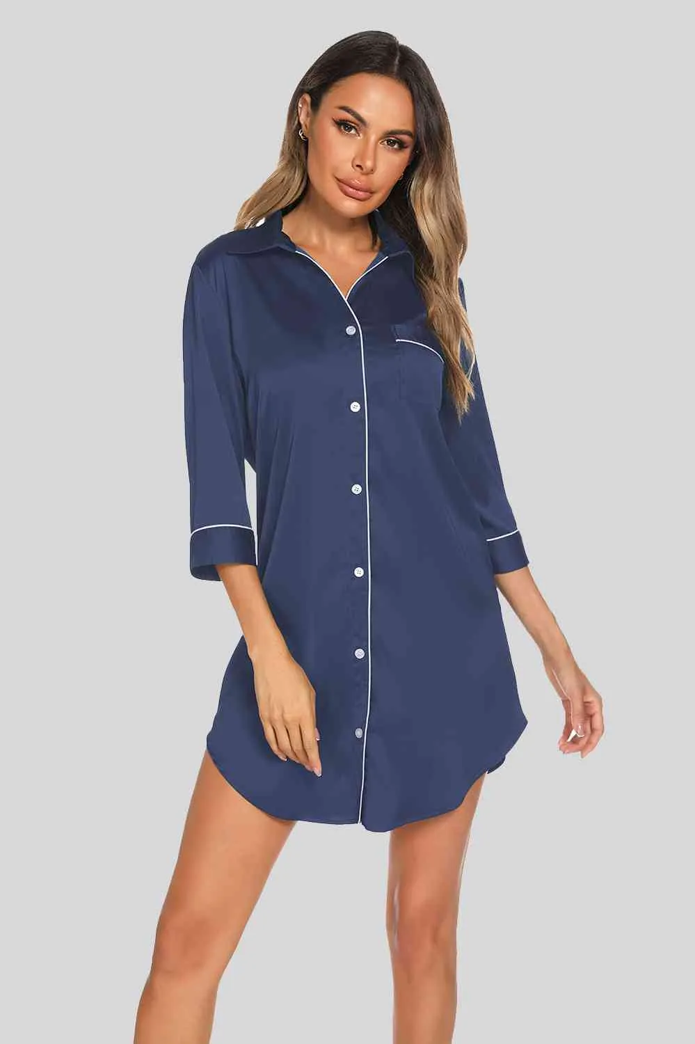 *APP EXCLUSIVE*  Button Up Collared Neck Night Dress with Pocket