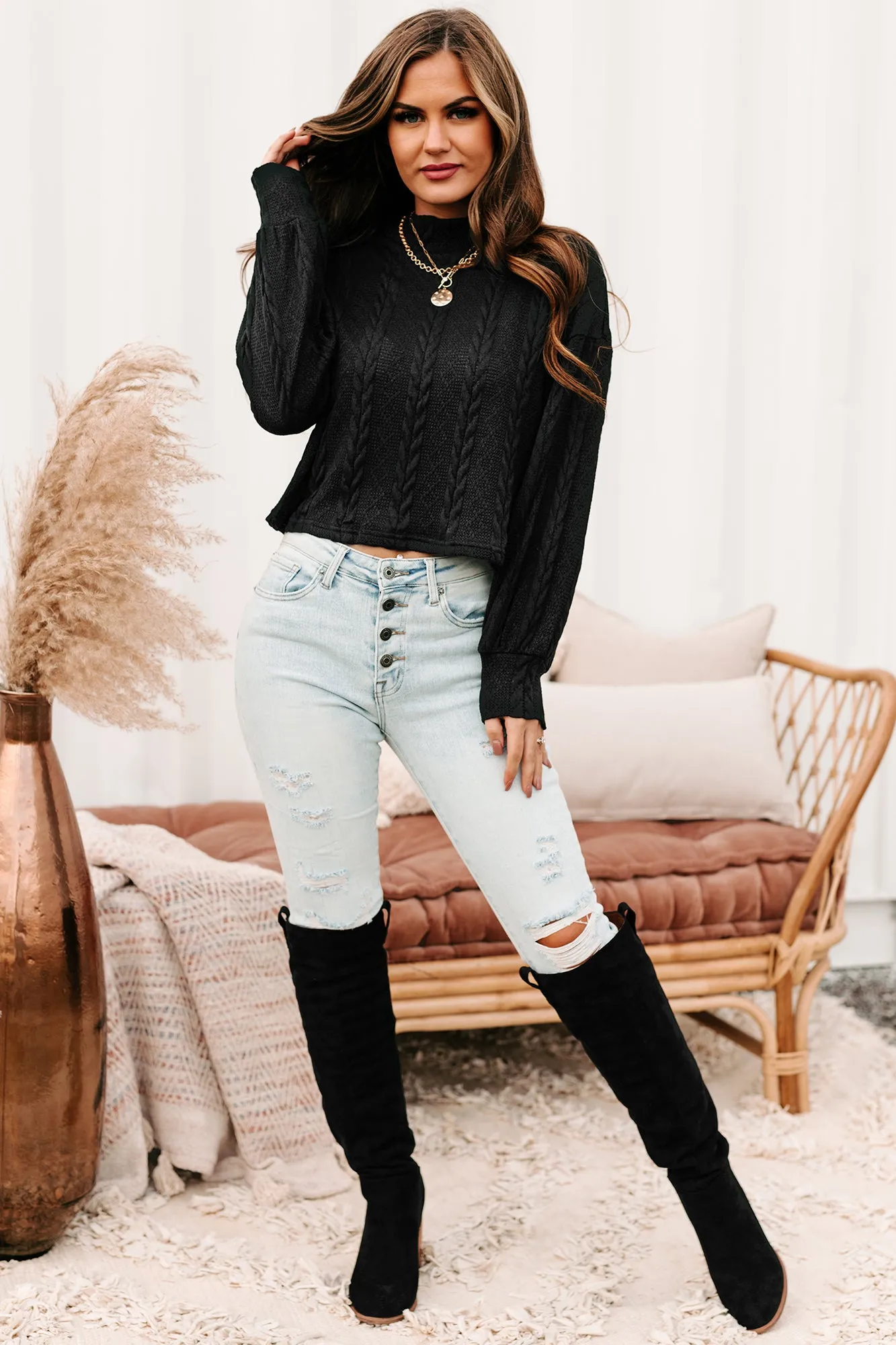 Autumn Affair Textured Mock Neck Top (Black)