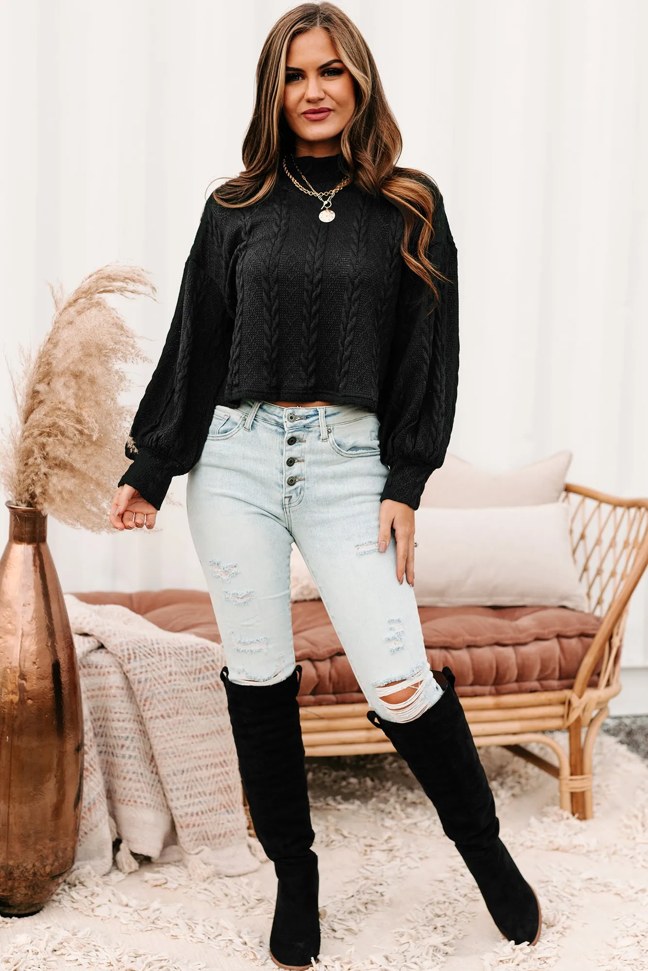 Autumn Affair Textured Mock Neck Top (Black)