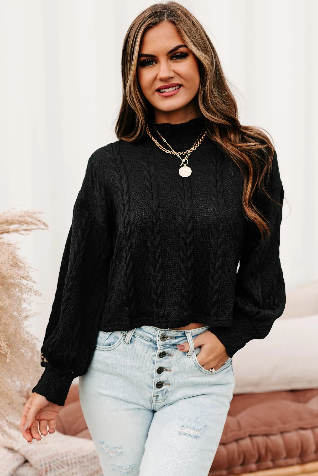 Autumn Affair Textured Mock Neck Top (Black)
