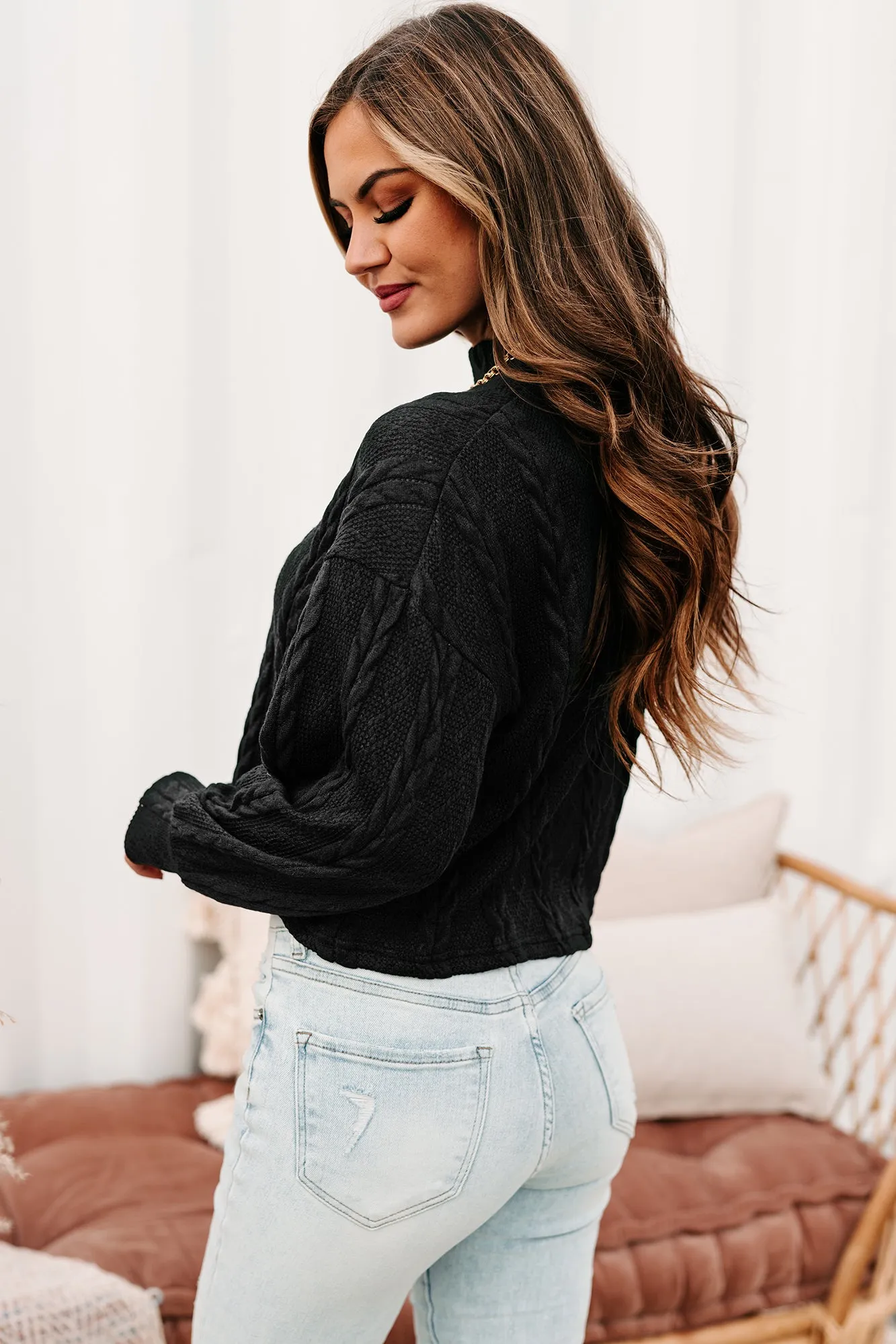 Autumn Affair Textured Mock Neck Top (Black)