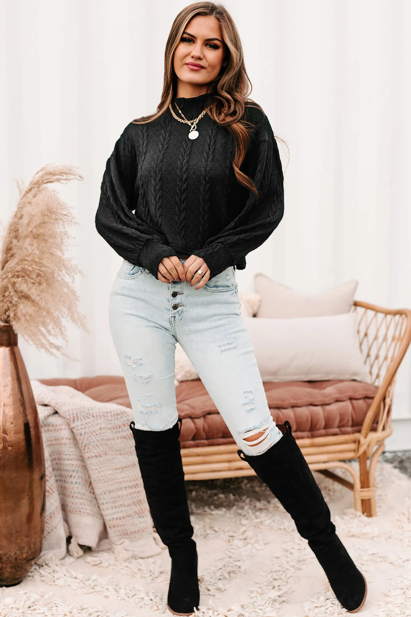 Autumn Affair Textured Mock Neck Top (Black)