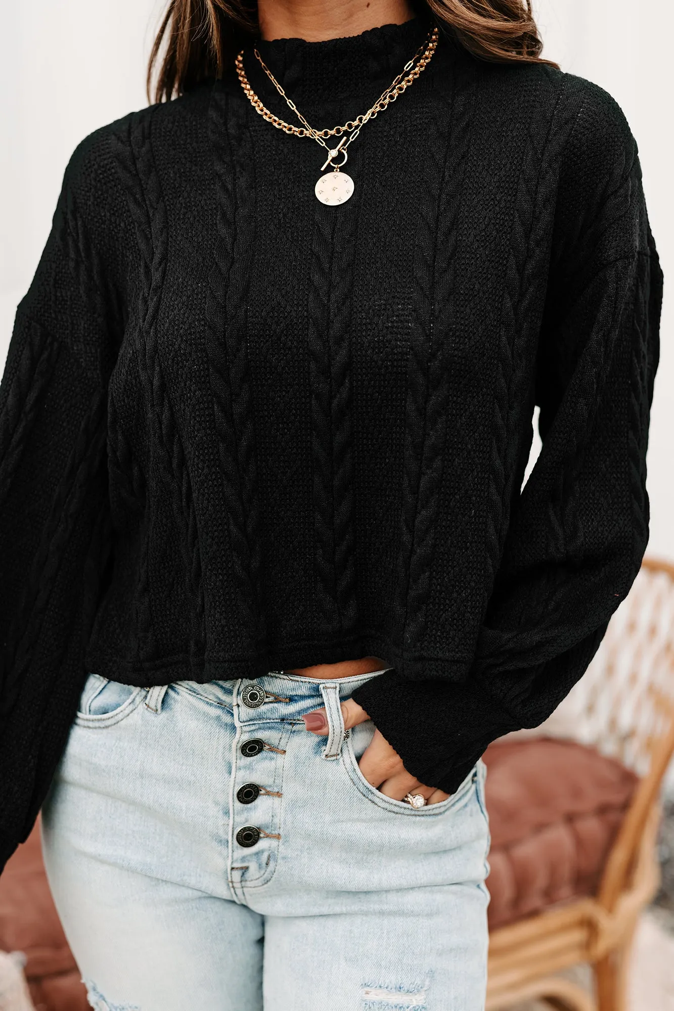 Autumn Affair Textured Mock Neck Top (Black)