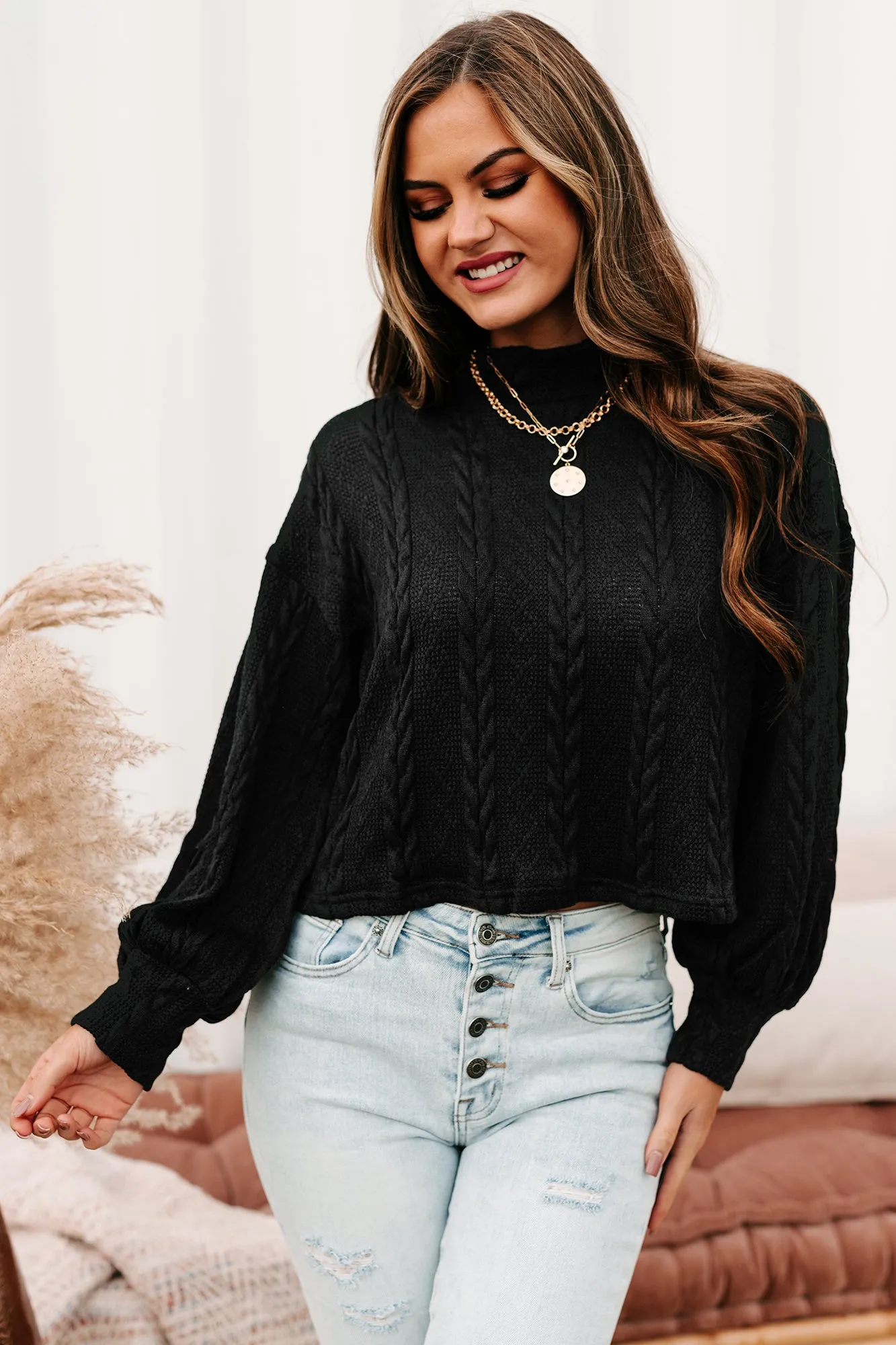 Autumn Affair Textured Mock Neck Top (Black)