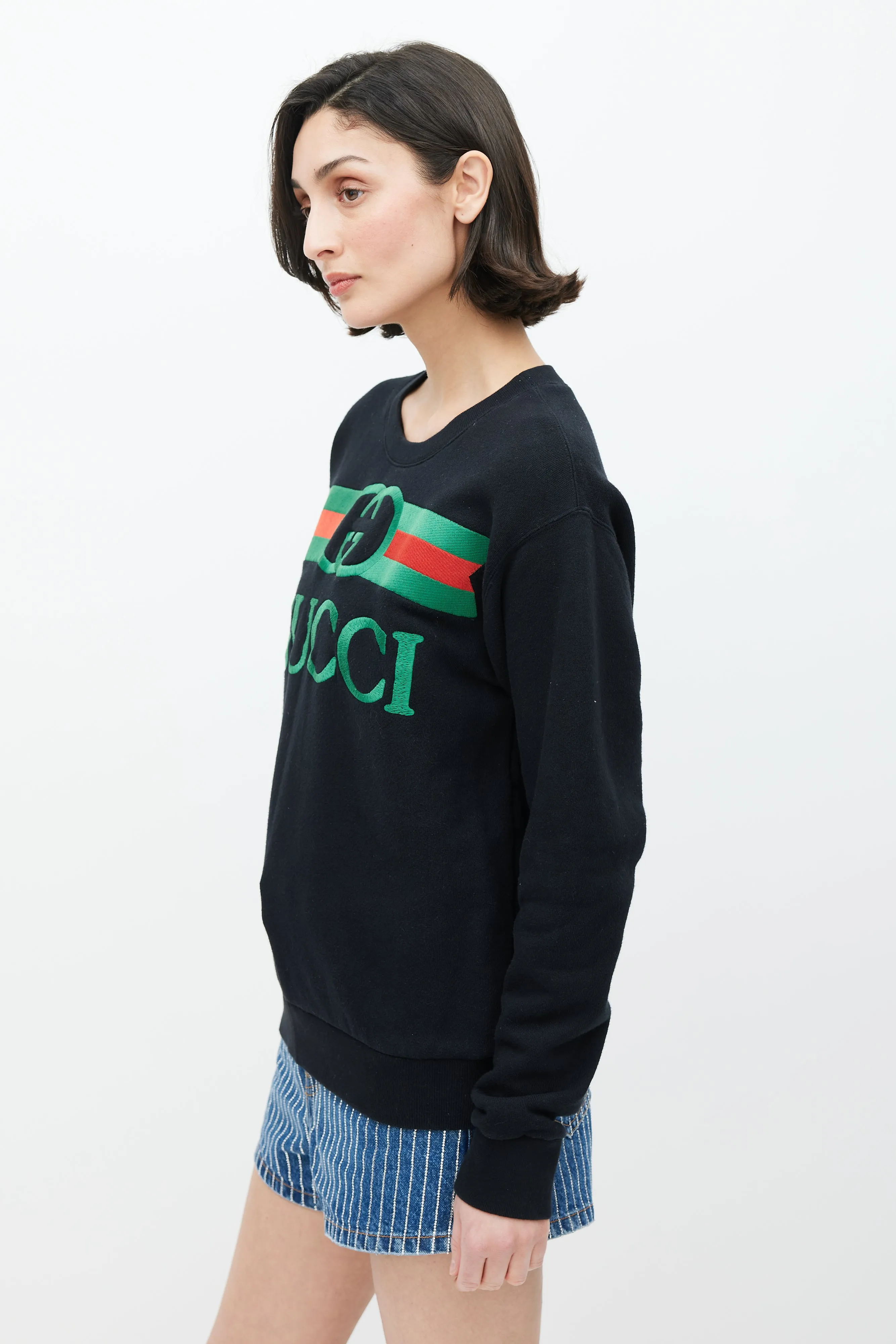 Black & Multicolour Embroidered Logo Crewneck Sweater