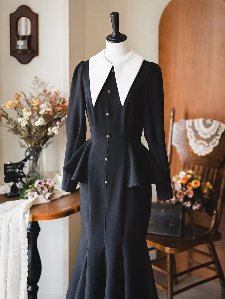 Black Retro Fashion Pointed Collar Elegant Dress