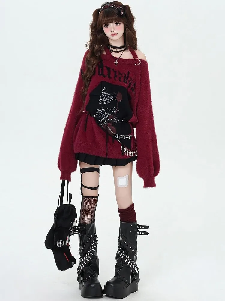 Black/Wine Red/Purple Letter Graphic Halter Neck Loose Sweater