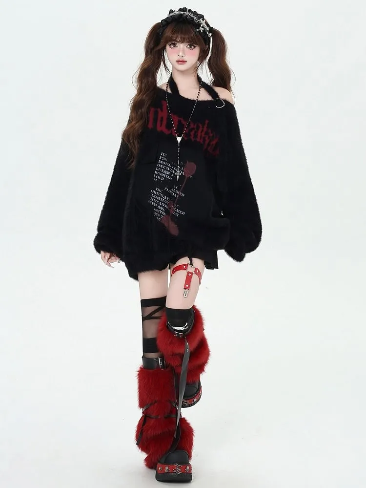 Black/Wine Red/Purple Letter Graphic Halter Neck Loose Sweater