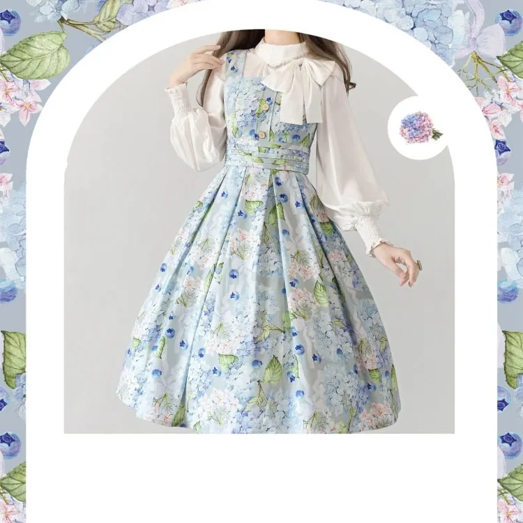 Blue Blueberry and Hydrangea Square Neckline Elegant Classic Lolita JSK Dress