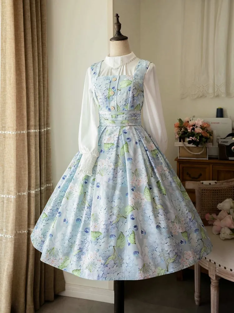 Blue Blueberry and Hydrangea Square Neckline Elegant Classic Lolita JSK Dress