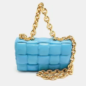 Blue Intrecciato Leather Cassette Padded Chain Bag