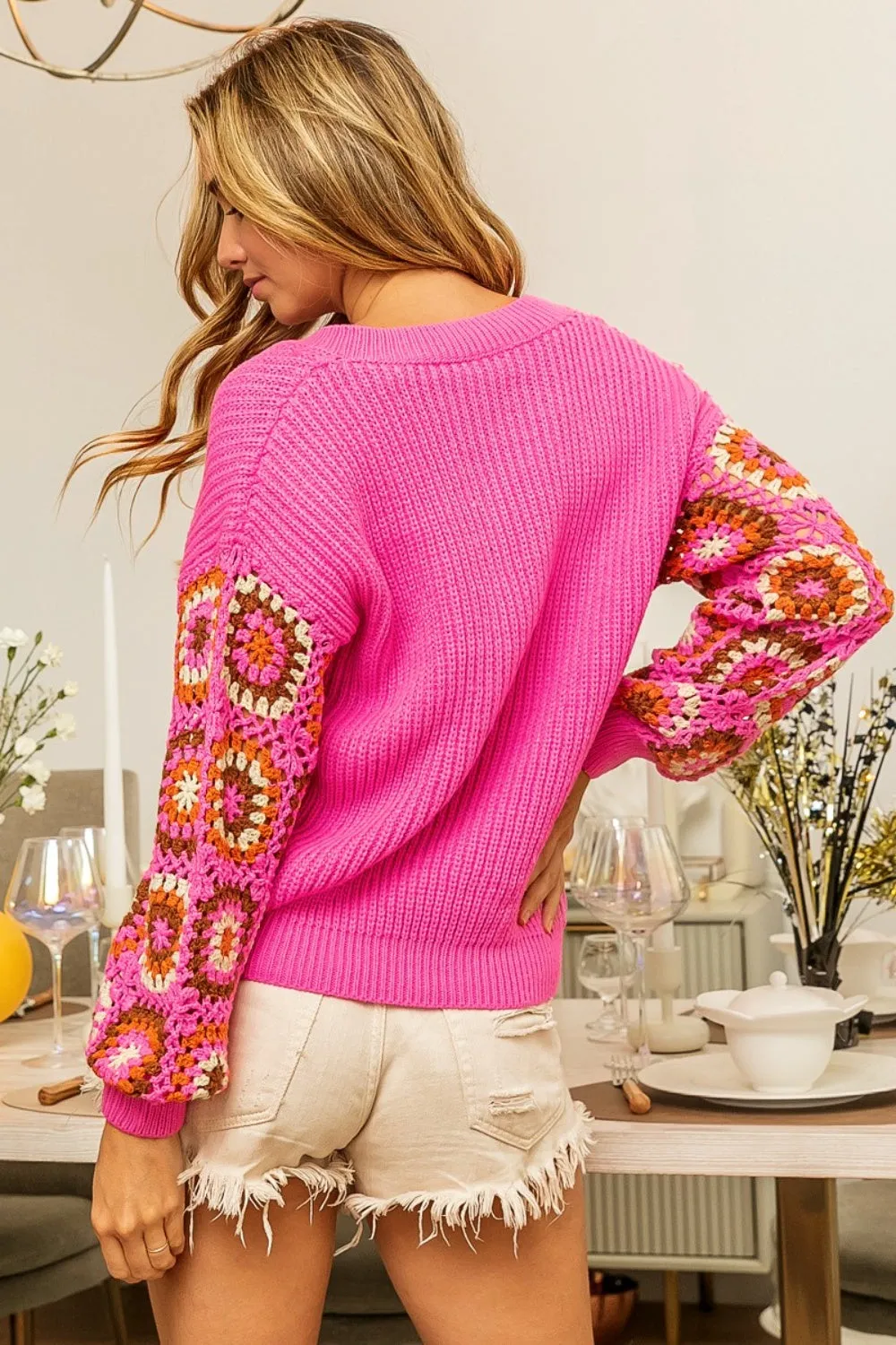 Blue Zone Planet |  BiBi V-Neck Crochet Long Sleeve Sweater