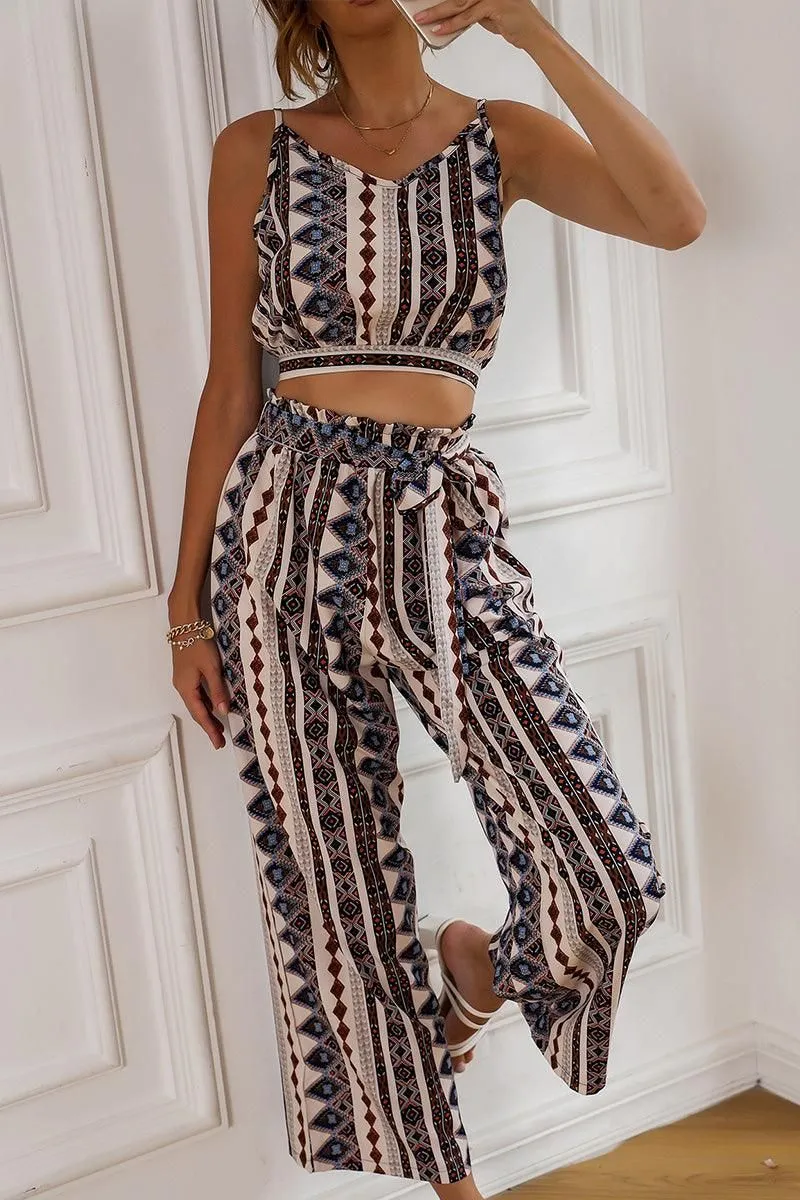 BOHEMIAN SUSPENDER CROP TOP AND WIDE PANTS SET