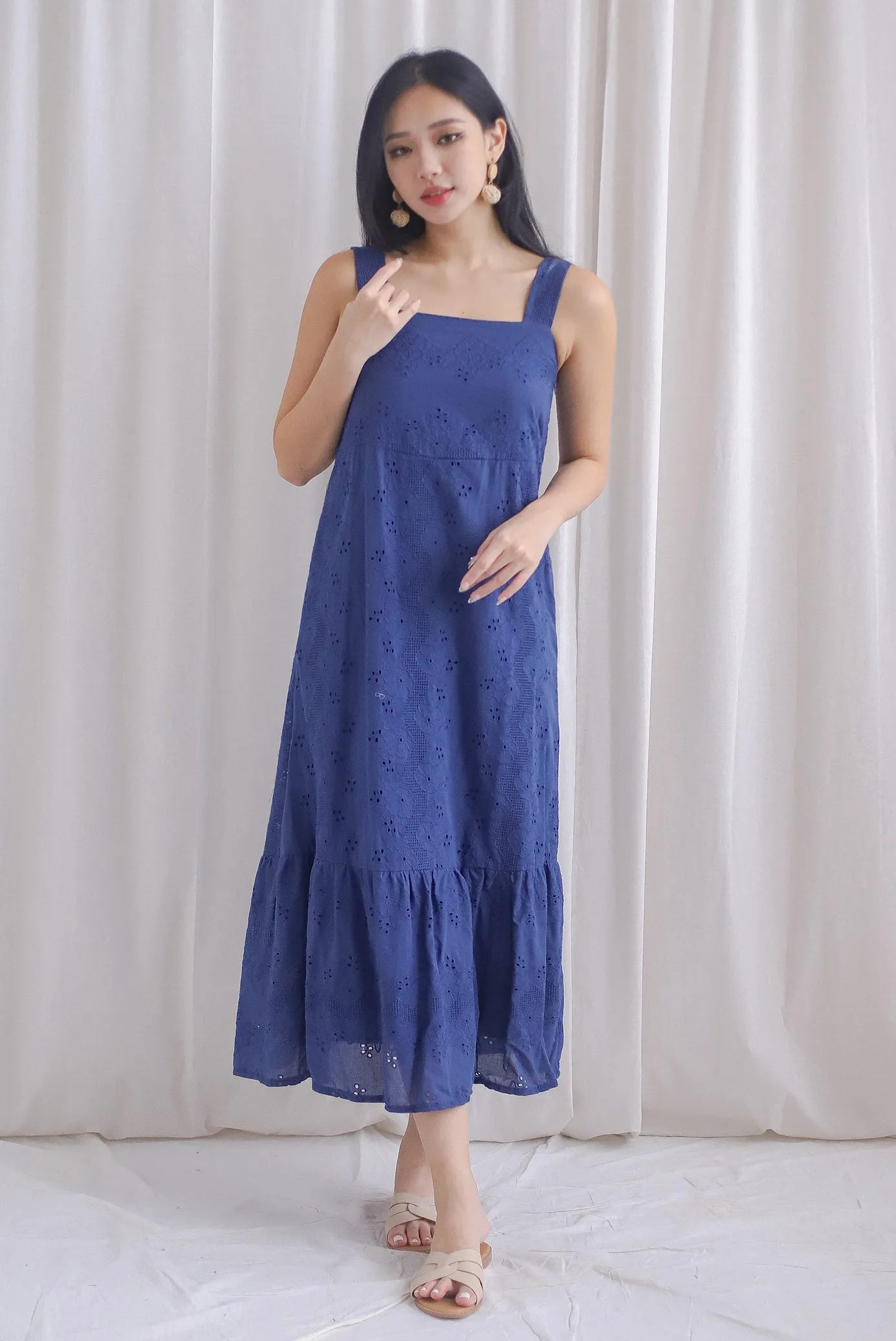 Bree Thick Strap Eyelet Maxi Dress In Navy Blue