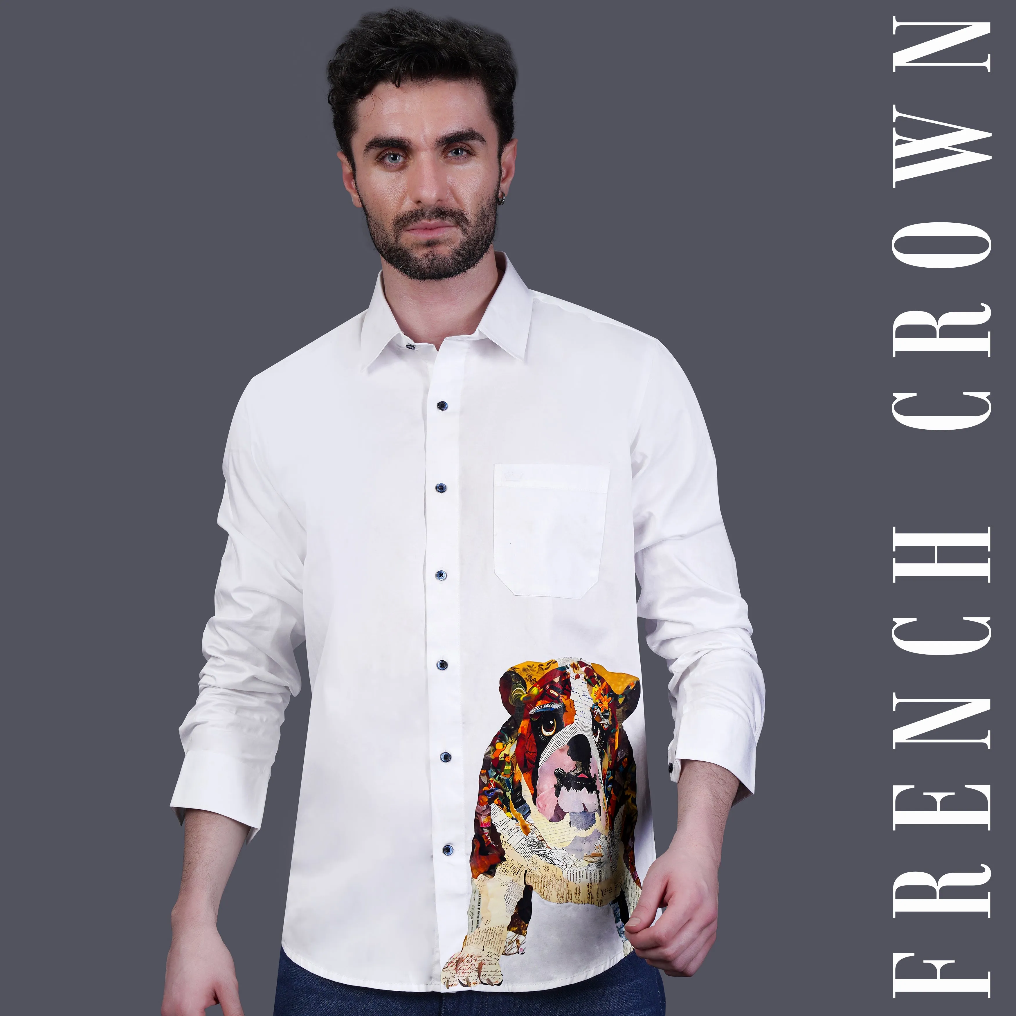 Bright White Adorable Bulldog Printed Subtle Sheen Super Soft Premium Cotton Designer Shirt