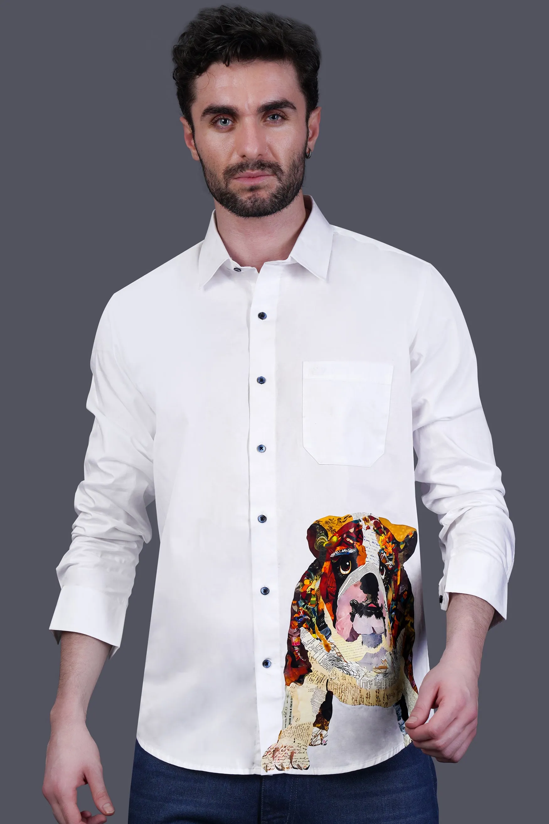 Bright White Adorable Bulldog Printed Subtle Sheen Super Soft Premium Cotton Designer Shirt
