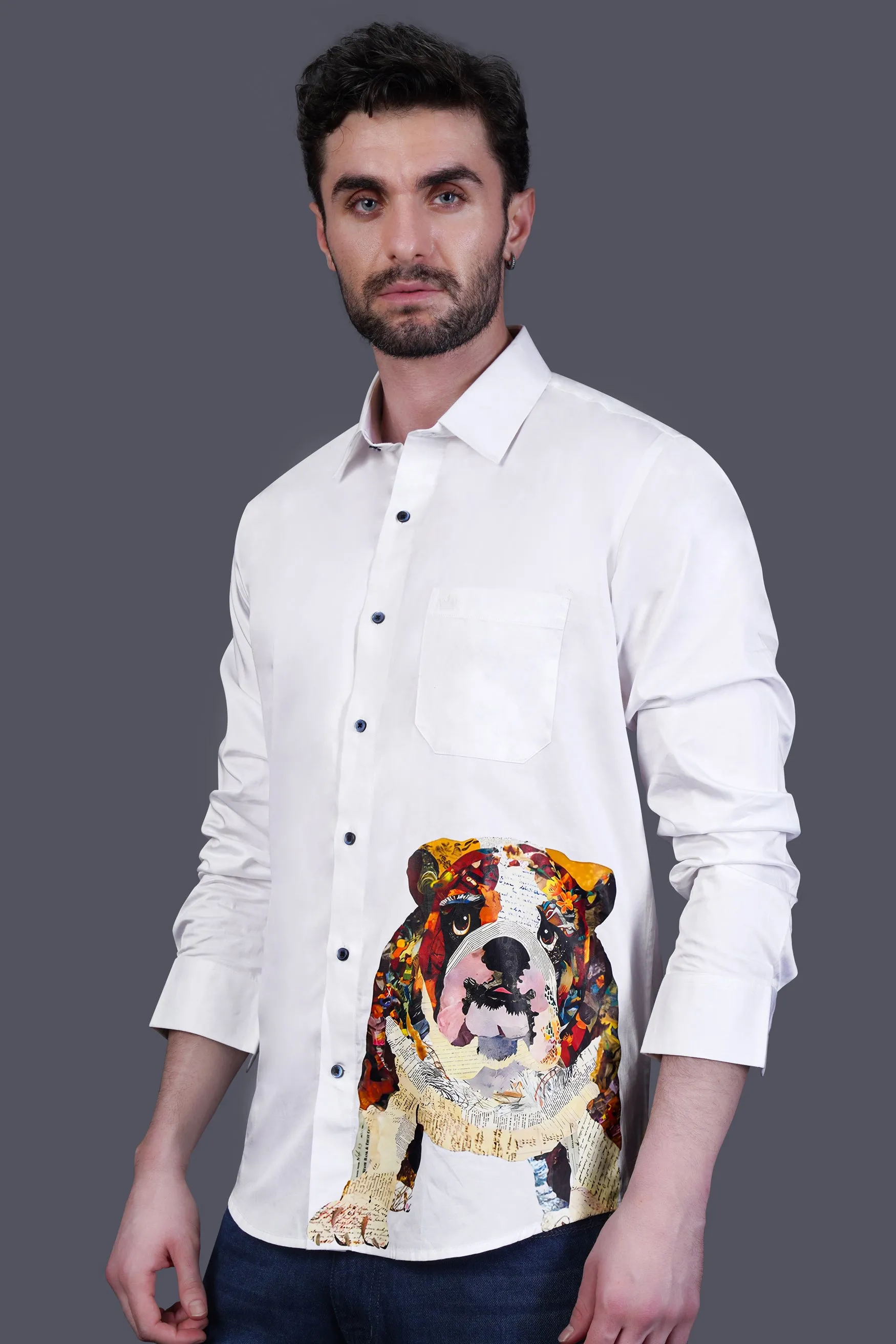 Bright White Adorable Bulldog Printed Subtle Sheen Super Soft Premium Cotton Designer Shirt