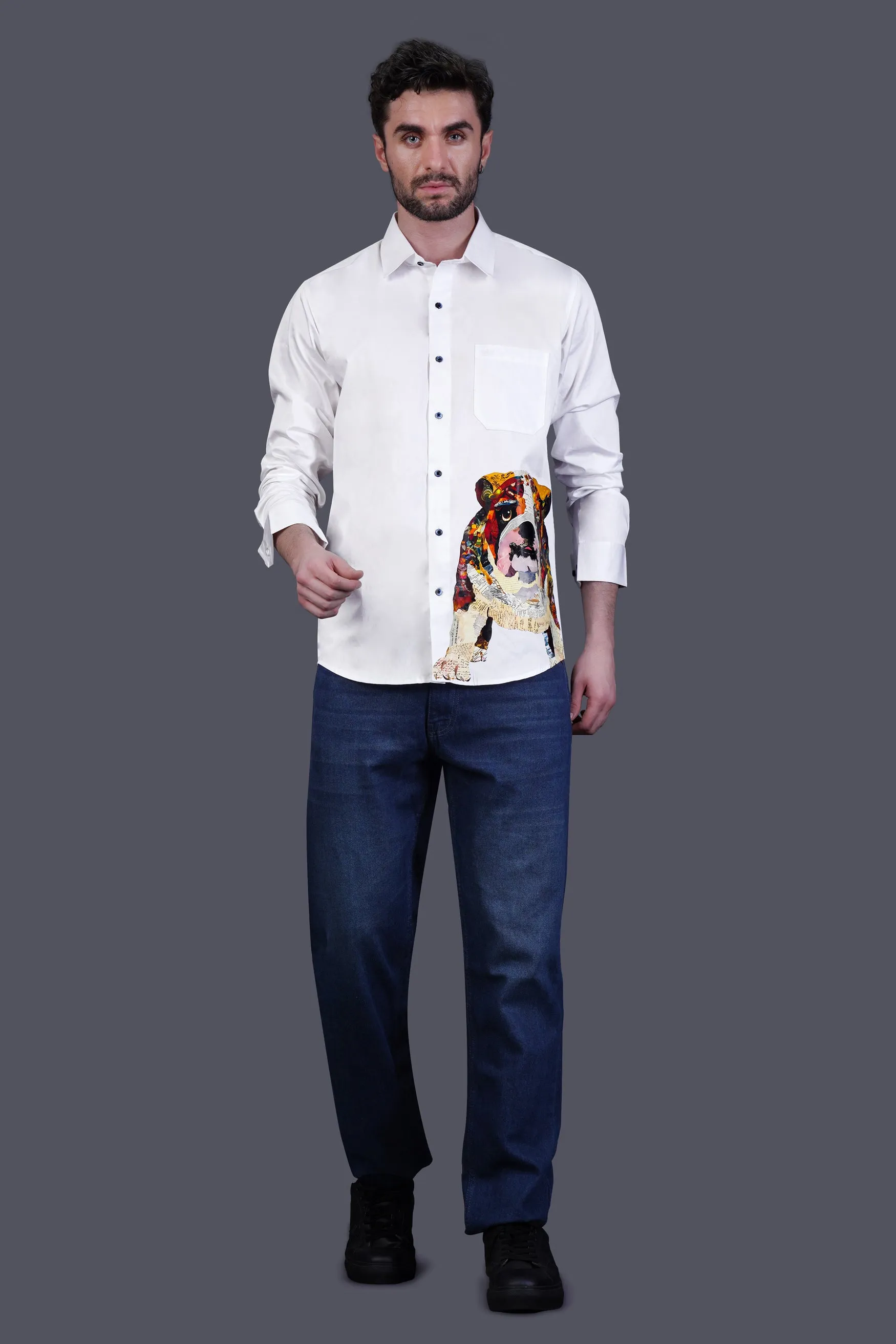 Bright White Adorable Bulldog Printed Subtle Sheen Super Soft Premium Cotton Designer Shirt