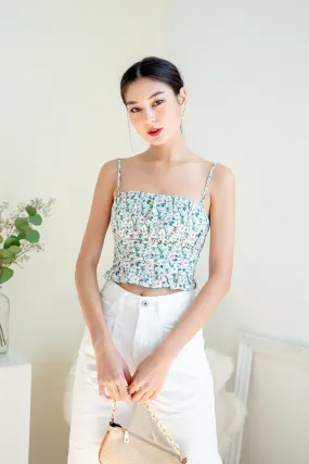 BRIONY RUCHED SPAG TOP IN SEAFOAM FLORAL