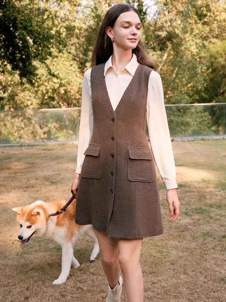 Brown Washable Woolen Women Vest Dress And Shirt Two-Piece Suit