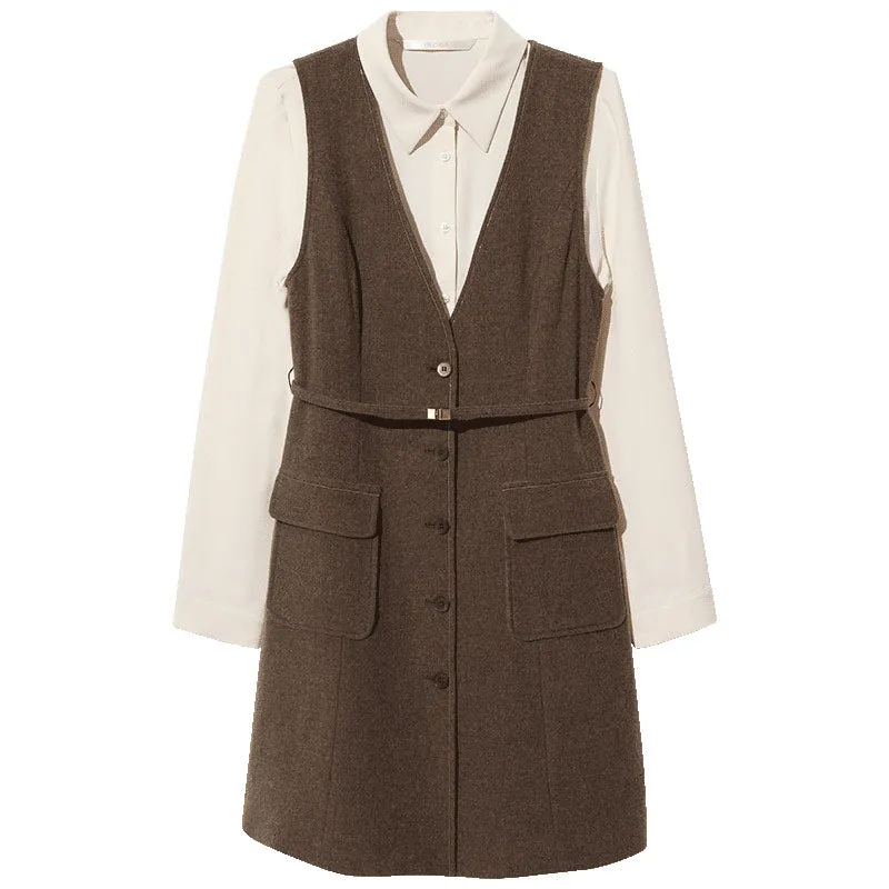 Brown Washable Woolen Women Vest Dress And Shirt Two-Piece Suit