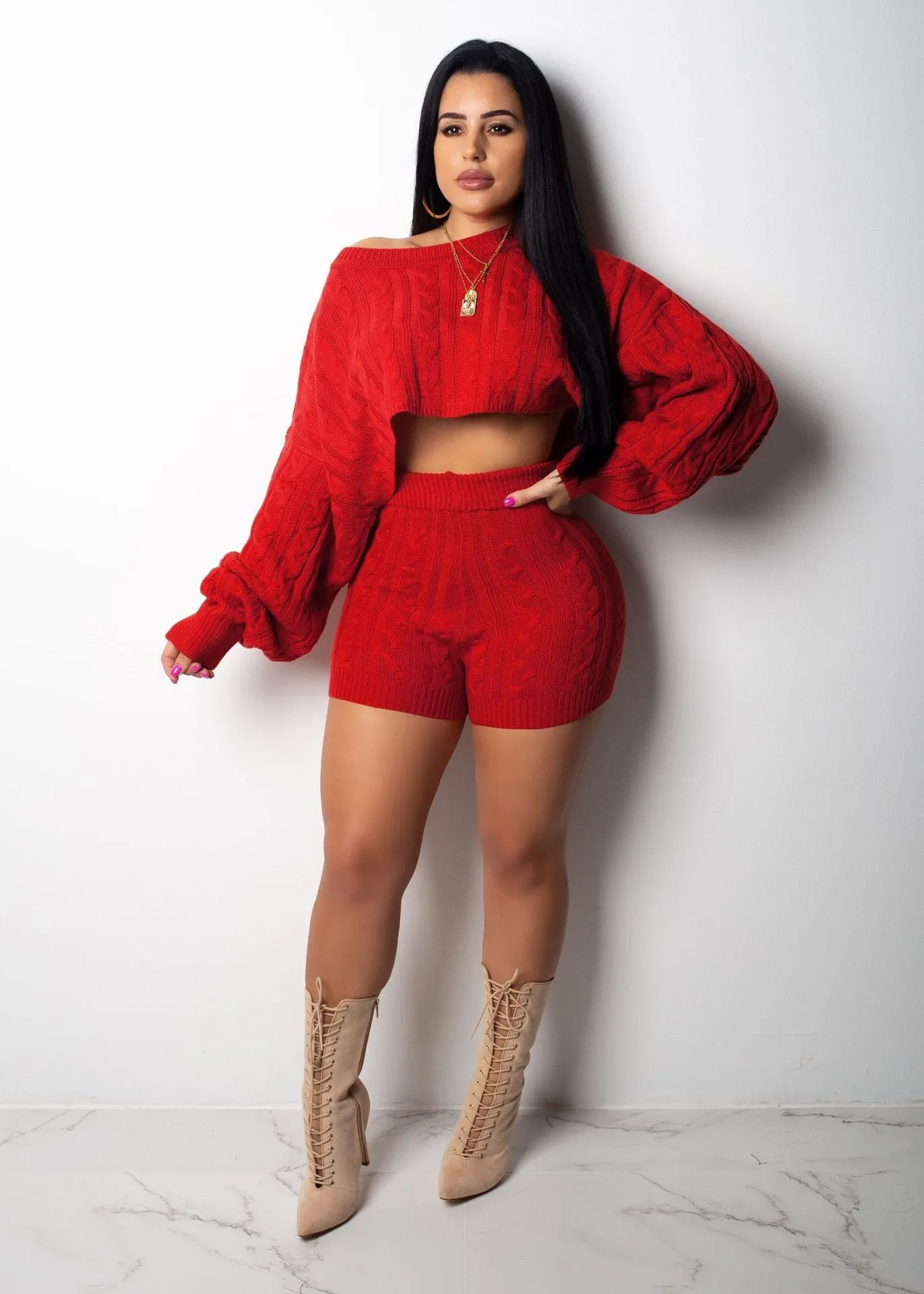 Cable Knit Crop Sweater with Knitwear Shorts Women Two Pieces Set