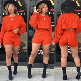 Cable Knit Crop Sweater with Knitwear Shorts Women Two Pieces Set