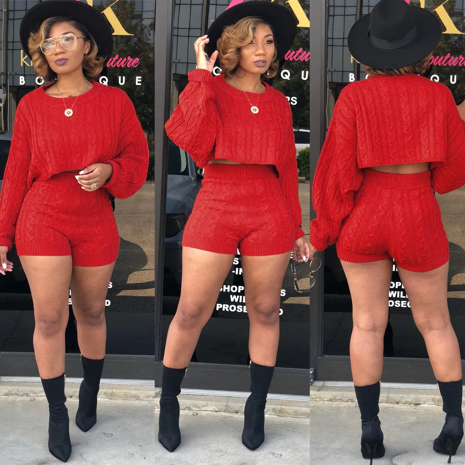 Cable Knit Crop Sweater with Knitwear Shorts Women Two Pieces Set