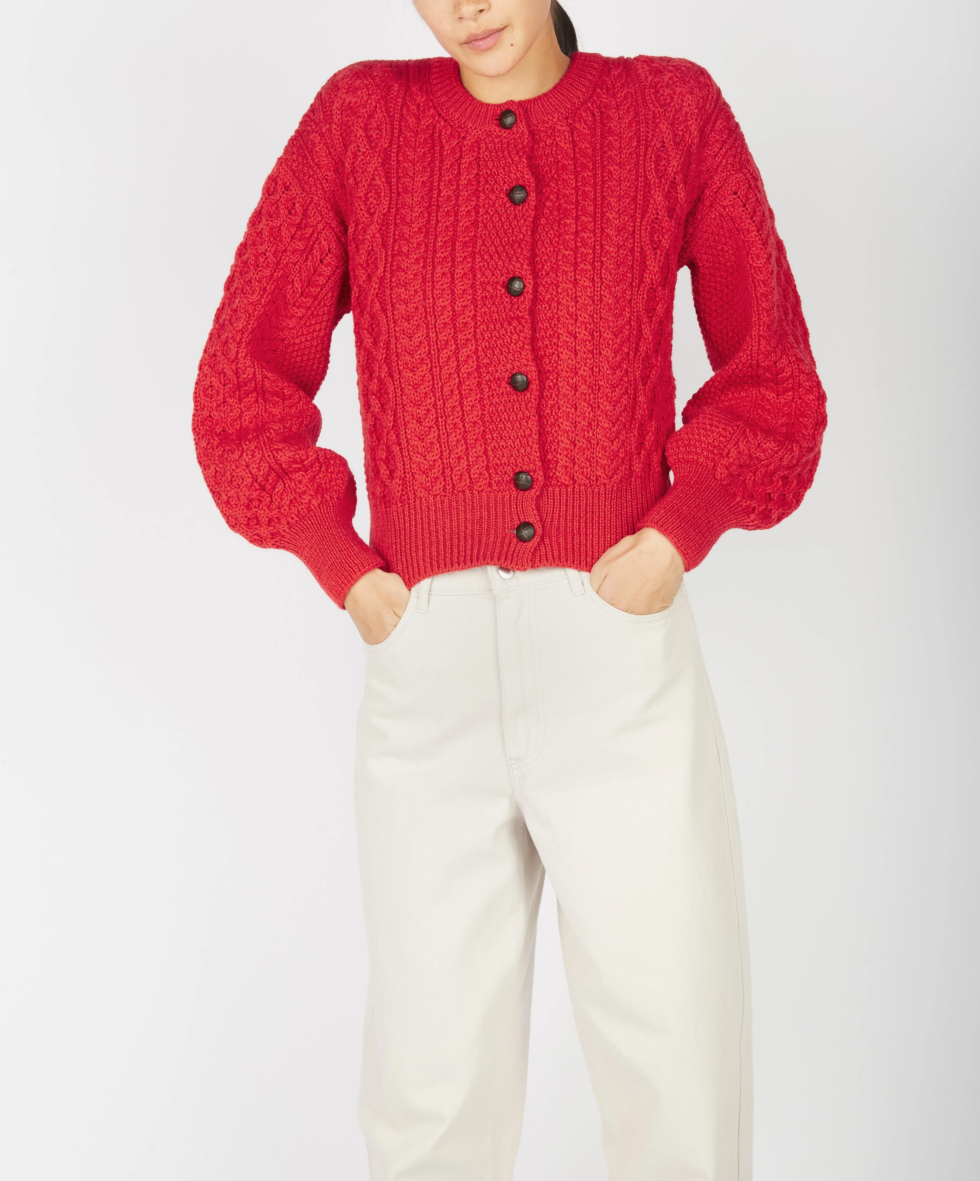 Clover Cropped Aran Cardigan Scarlet