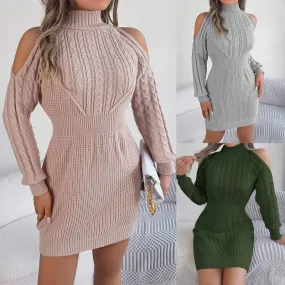 Cold-shoulder Cable Sleeve Sweater Dress in Multiple Colors
