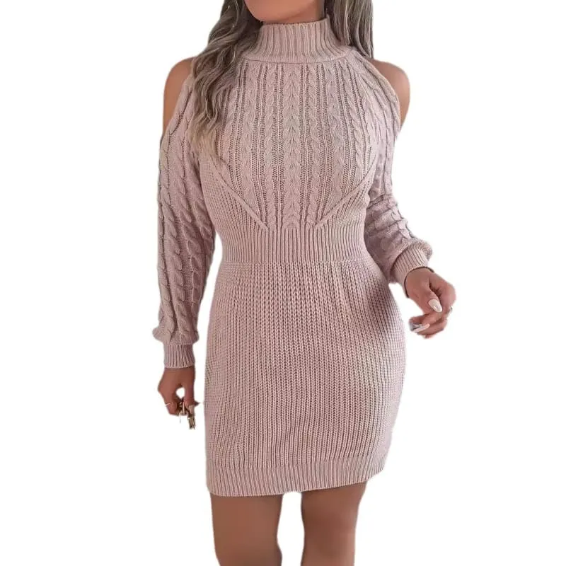 Cold-shoulder Cable Sleeve Sweater Dress in Multiple Colors