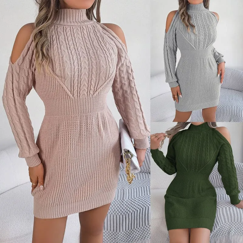 Cold-shoulder Cable Sleeve Sweater Dress in Multiple Colors