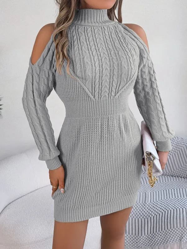 Cold-shoulder Cable Sleeve Sweater Dress in Multiple Colors