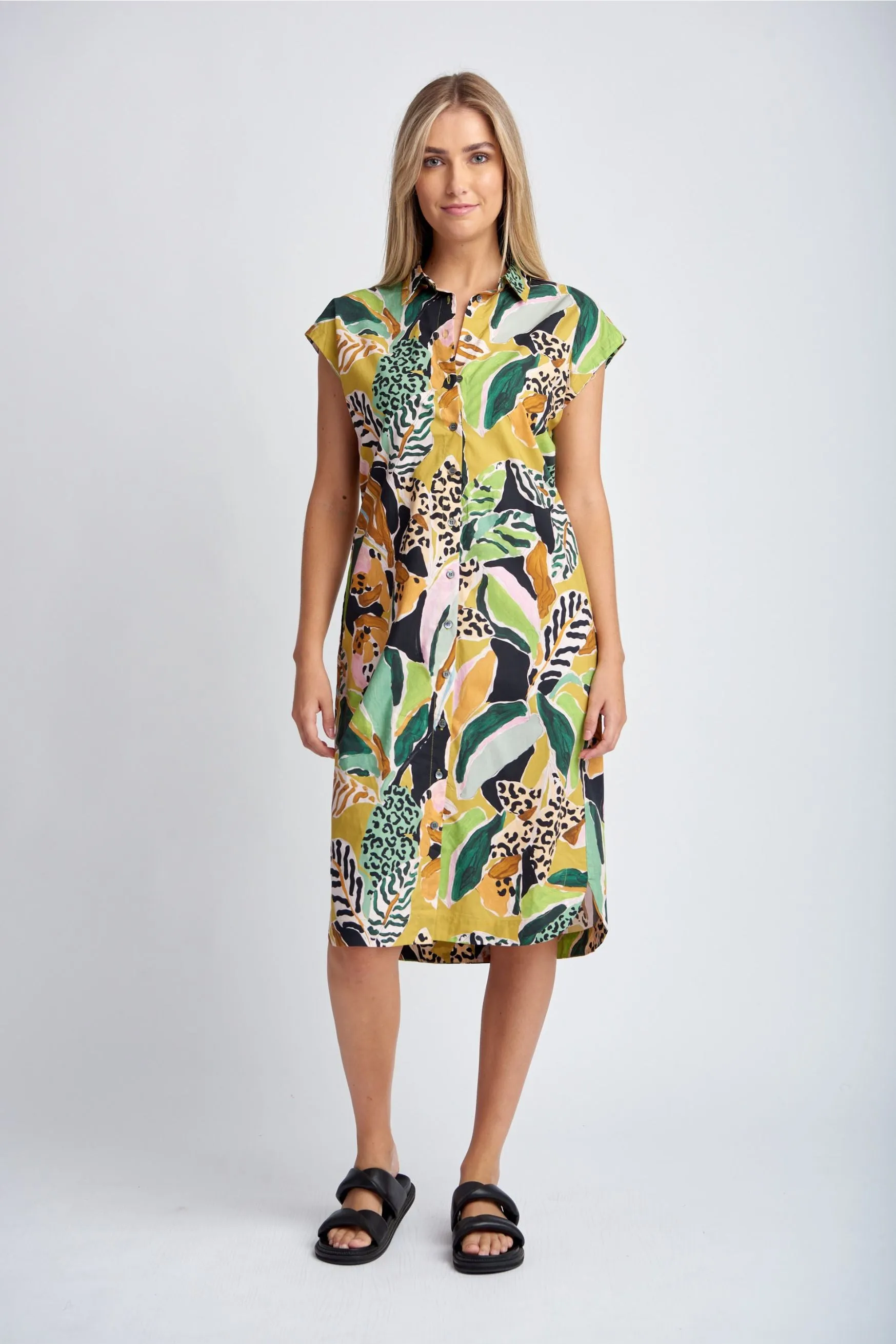 Cotton Shirt Dress With Belt Jungle Print