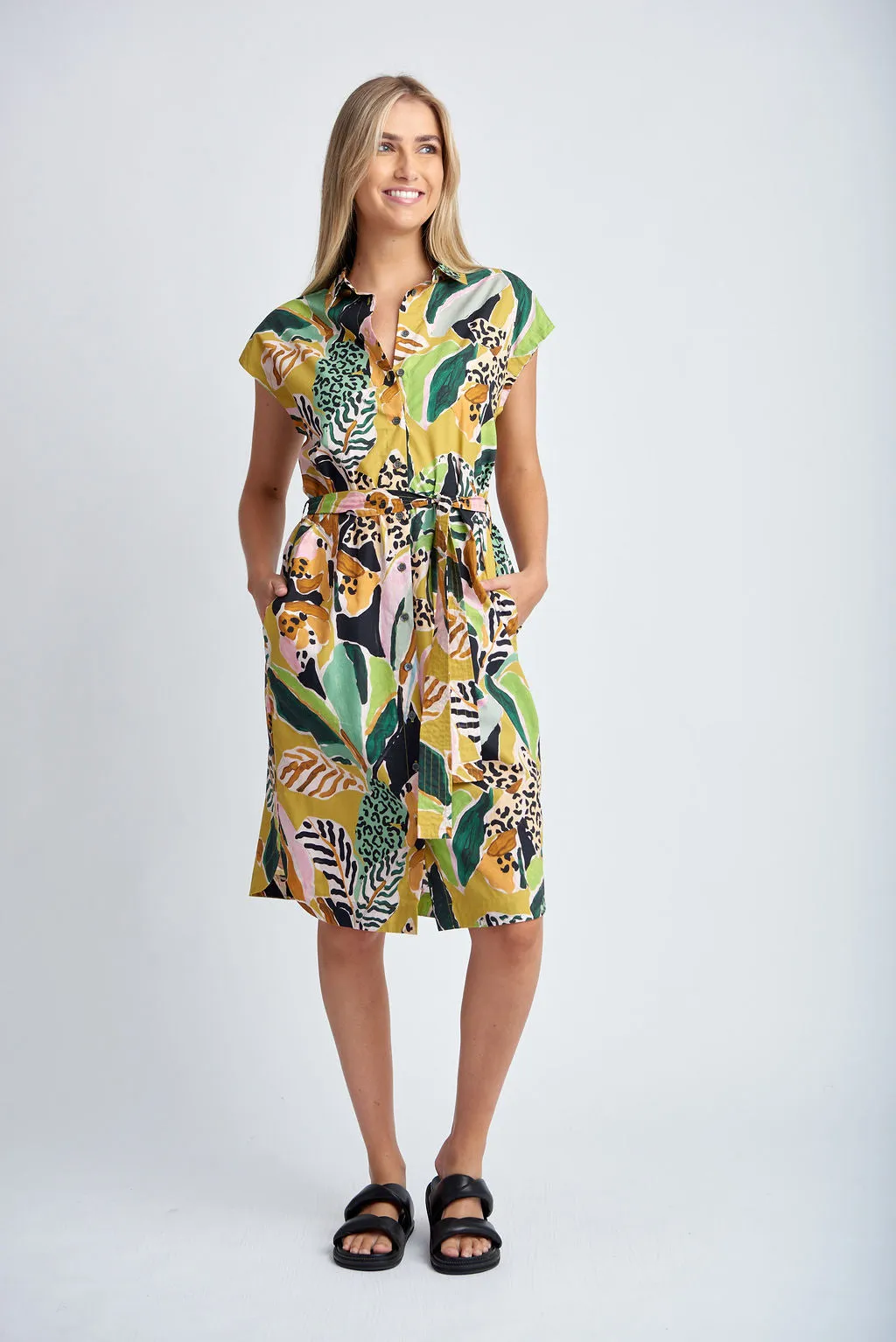Cotton Shirt Dress With Belt Jungle Print