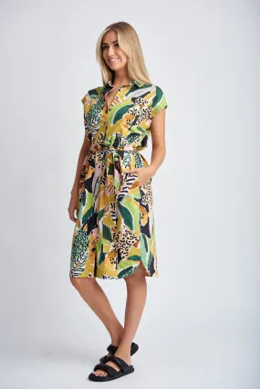 Cotton Shirt Dress With Belt Jungle Print