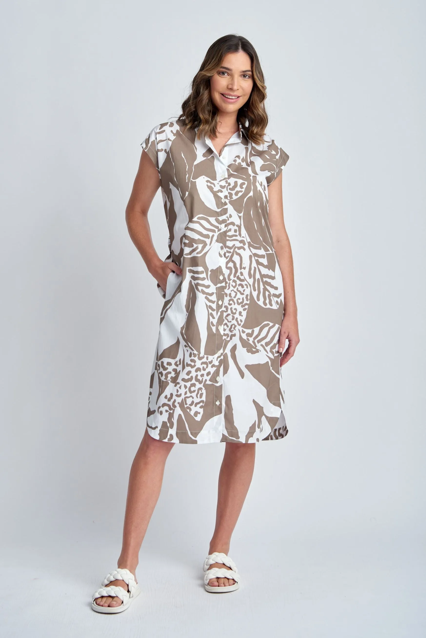 Cotton Shirt Dress With Belt Twig Jungle Print