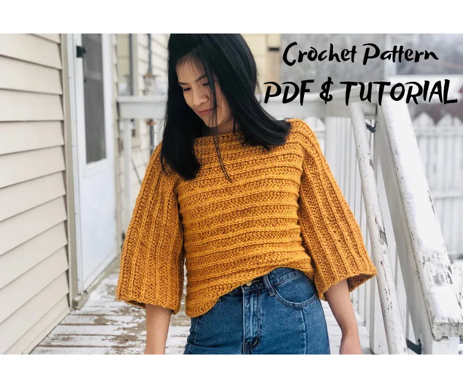 Crochet sweater pattern 3/4 sleeves sweater: PDF file and Video tutorial ( Size us women&#39;s XS - XL )