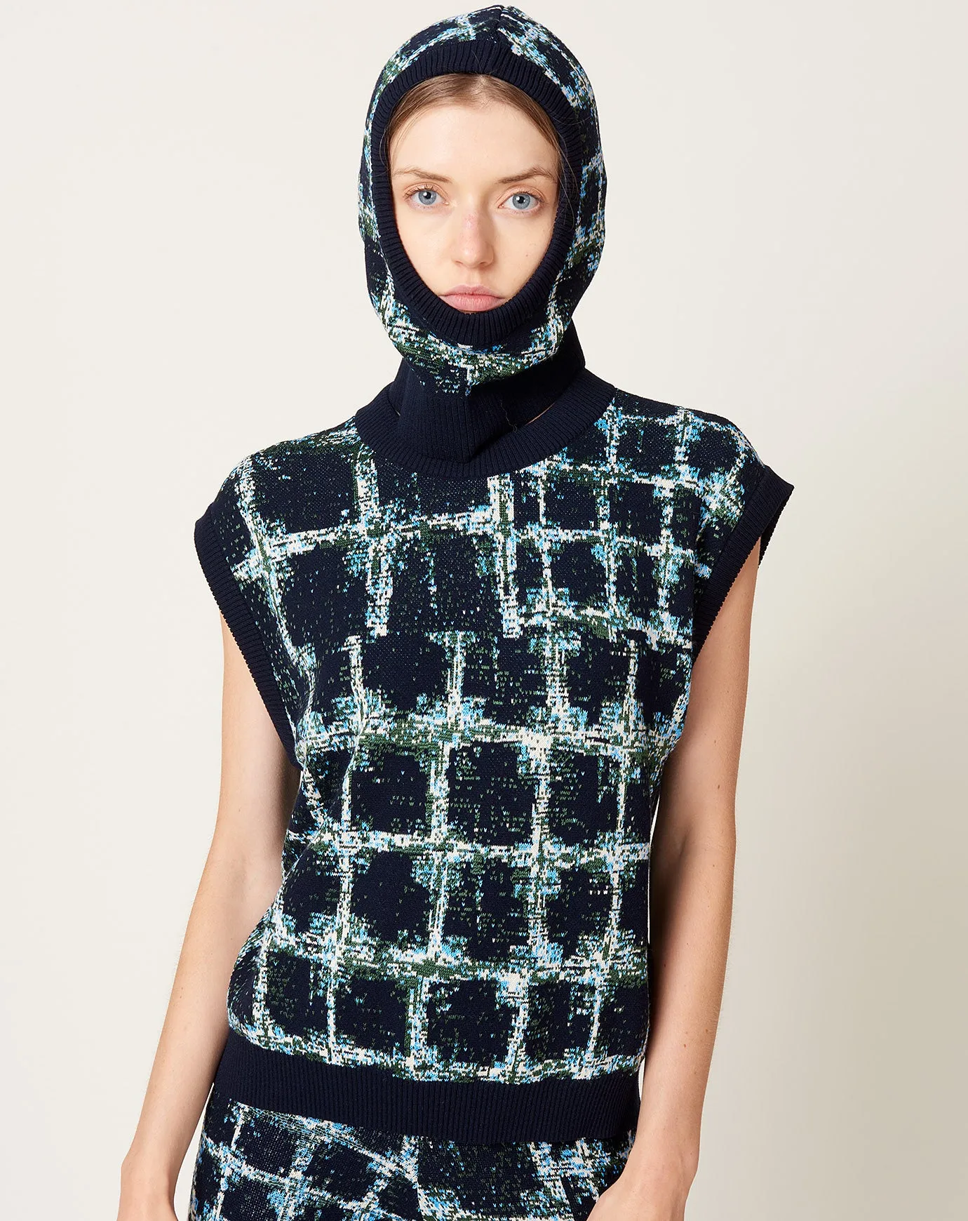 Dusk Knit Balaclava in Black Shibori Checks