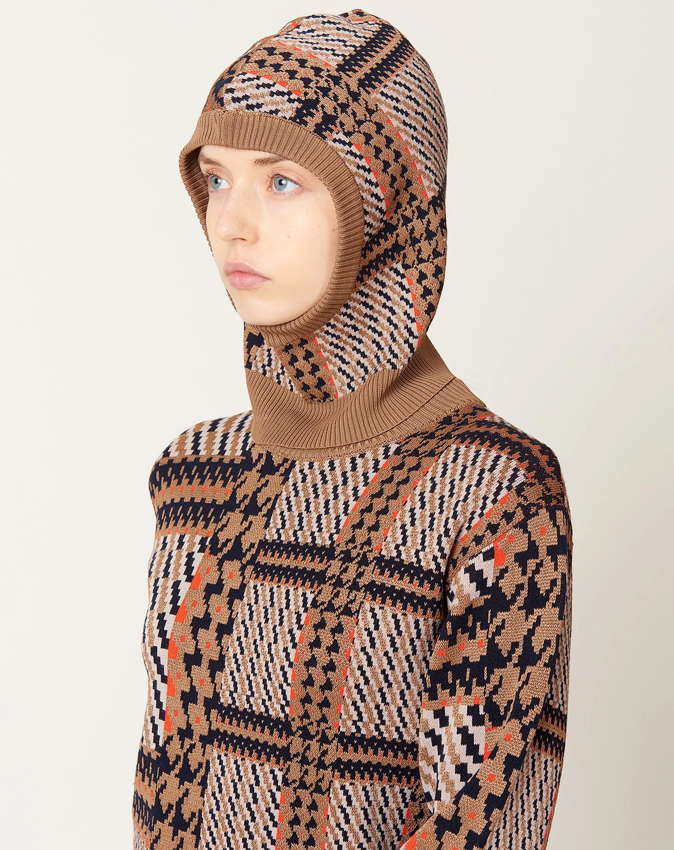 Dusk Knit Balaclava in Orange Mixed Checks
